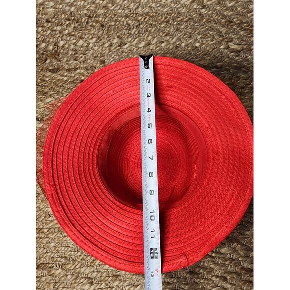 Red Straw Wide Down Brim Hat Flowers Net Feathers Satin Dome Adjustable Derby